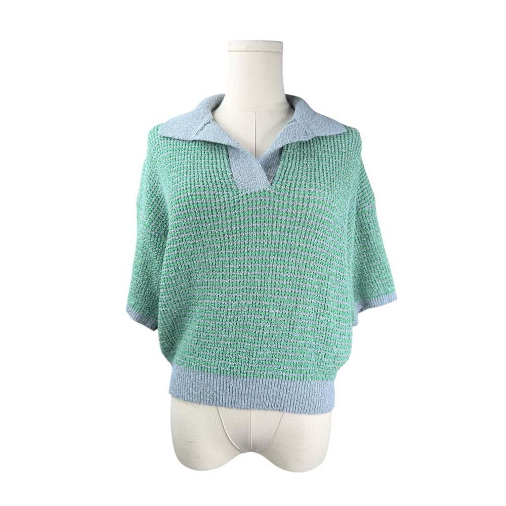 Miou Muse Green and Blue Striped Short Sleeve Knit Polo Sweater Sz. M